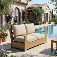 Anderson Teak Madera Deep Seating loveseats in cast mist finish, outdoor patio furniture with elegant design and nine color options.