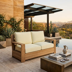 Anderson Teak Madera Deep Seating Loveseats in cast mist, outdoor patio furniture for small elegant spaces, available in 9 designer colors