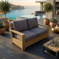 Anderson Teak Madera Deep Seating outdoor loveseat in cast mist, stylish for small elegant patio spaces, available in 9 designer colors.