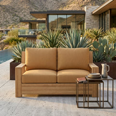 Anderson Teak Madera Deep Seating outdoor loveseat with elegant design, available in nine designer colors for small patio spaces.