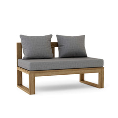 Straight modular teak wood loveseat by Anderson Teak, outdoor patio seating with a cast mist finish in a small space design.