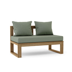 Straight modular teak wood loveseat by Anderson Teak in cast mist finish, outdoor patio seating with 9 designer colors for small spaces.