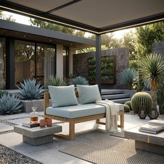 Anderson Teak straight modular teak wood loveseat for outdoor patio, available in nine designer colors, perfect for small spaces.