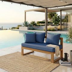Anderson Teak straight modular teak wood loveseat for outdoor patio, available in 9 designer colors, perfect for small spaces.