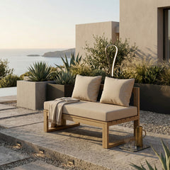 Anderson Teak straight modular teak wood loveseat for outdoor patio, shown in cast mist color, ideal for small spaces.