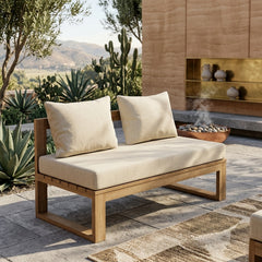 Anderson Teak straight modular teak wood loveseat for outdoor patio, shown in cast mist color, ideal for small outdoor spaces.
