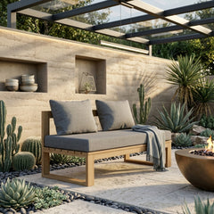 Anderson Teak straight modular teak wood loveseat for outdoor patio, available in 9 designer colors, ideal for small spaces.