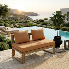 Anderson Teak straight modular teak wood loveseat for outdoor patio, featuring sleek design in cast mist color.