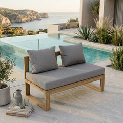 Anderson Teak straight modular teak wood loveseat for outdoor patio, available in 9 designer colors, perfect for small spaces.