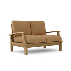 Anderson Teak Brianna Deep Seating Loveseats in cast pomegranate, outdoor teak wood, designed for small patios, available in 9 colors.