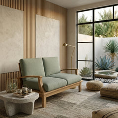 Anderson Teak Brianna deep seating loveseat in 9 designer colors, featuring plush cushions and sleek wooden frame.