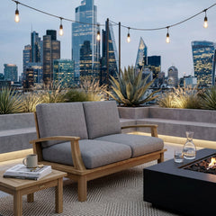 Anderson Teak Brianna Deep Seating Loveseats in cast pomegranate, outdoor patio, small space, solid teak wood, 9 designer colors