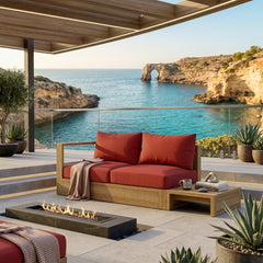 Anderson Teak Copacabana A-Grade Teak Outdoor Loveseat, right modular seat with pomegranate finish, 9 designer color options for small patios.