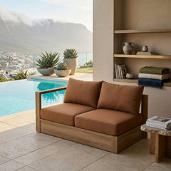 Anderson Teak Copacabana A-Grade Teak Wood outdoor right loveseat in cast pomegranate, modular design for small patios, 9 designer colors