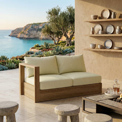 Anderson Teak Copacabana A-Grade Teak Outdoor Love Seat, right modular design, in cast pomegranate color for small patios.