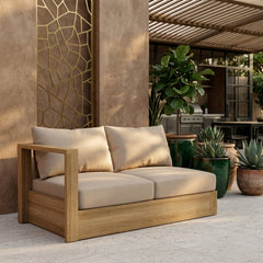 Anderson Teak Copacabana A-Grade teak outdoor loveseat, modular right love seat in cast pomegranate, 9 designer colors for small patios.