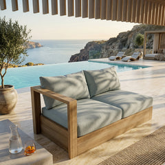 Anderson Teak Copacabana A-Grade Teak Love Seat for outdoor patio, modular design, in cast pomegranate color, suitable for small spaces.