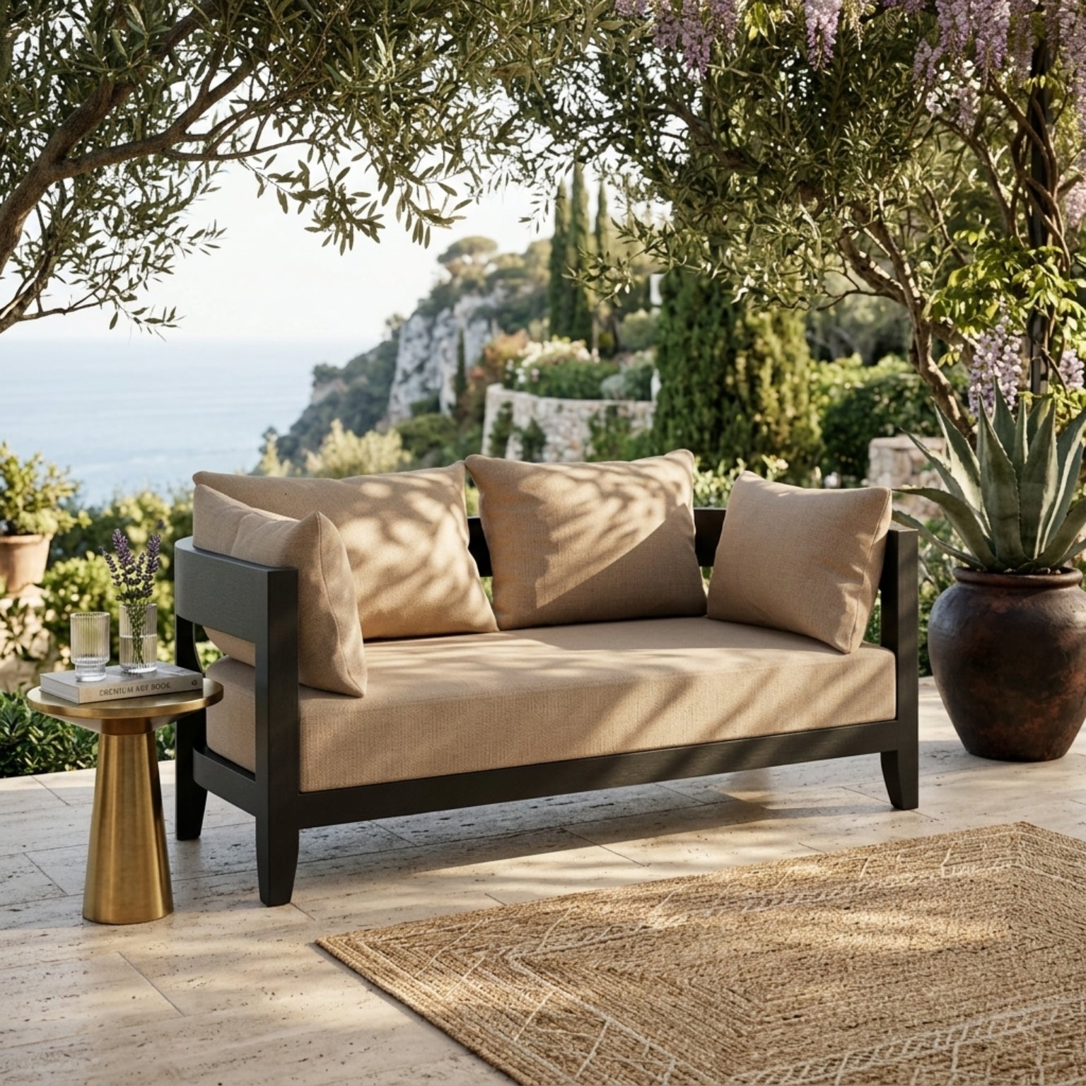 Anderson Teak Coronado Aluminum outdoor loveseat in cast pomegranate, designed for small patios, available in 9 designer colors.