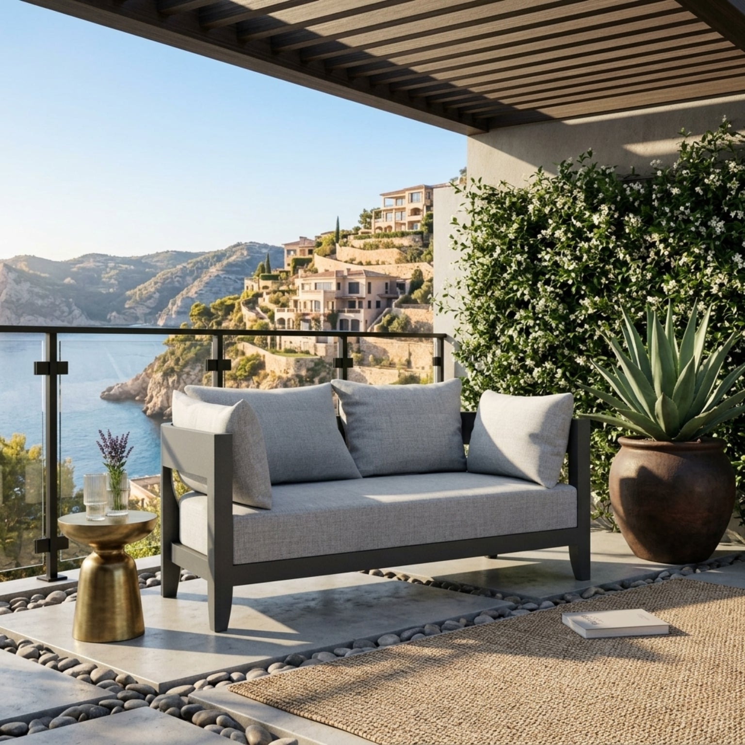Anderson Teak Coronado Aluminum outdoor loveseat in cast pomegranate, designed for small patios, with 9 stylish color options.