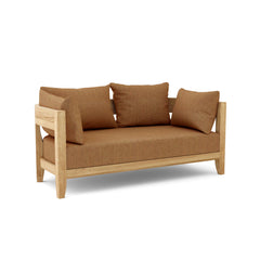 Anderson Teak Coronado Deep Sofa loveseat in cast pomegranate, outdoor teak solid wood modular patio furniture for small spaces.