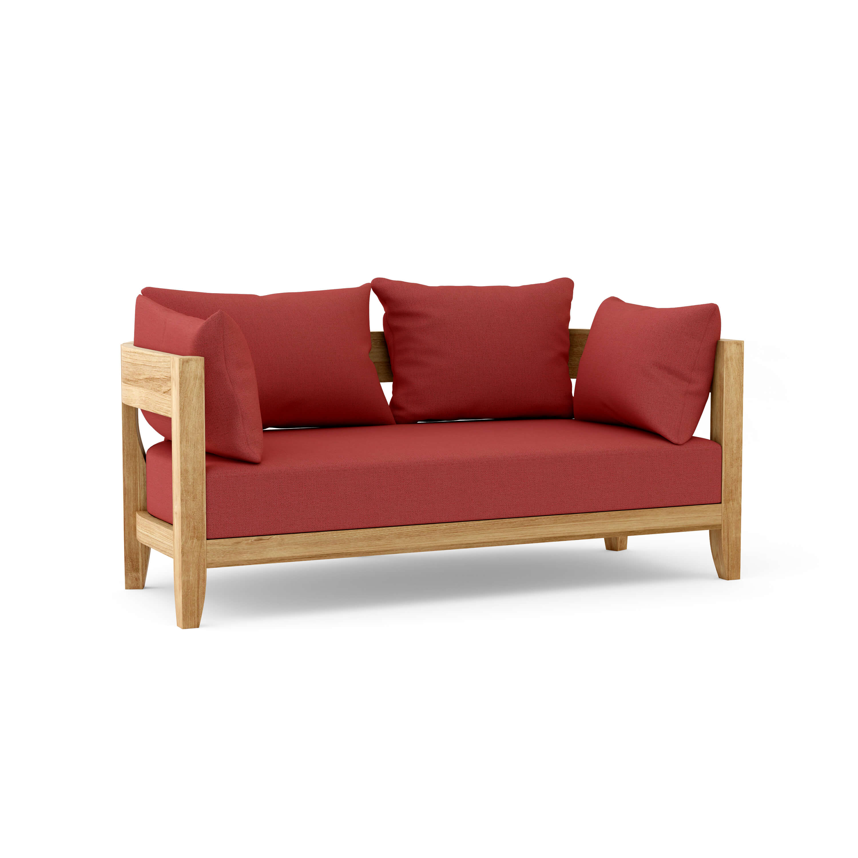 Anderson Teak Coronado Deep Sofa love seat in cast pomegranate, solid teak outdoor patio furniture, small space modular design.