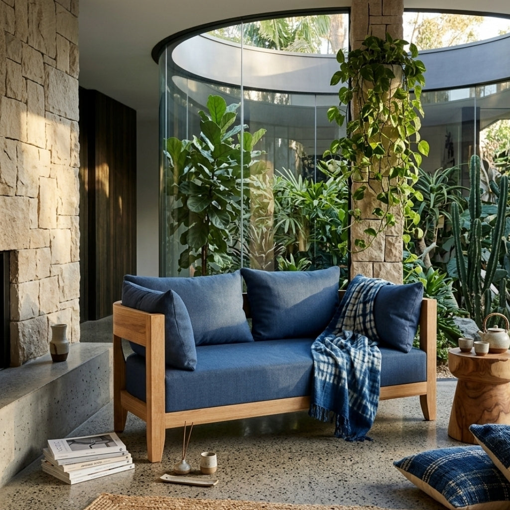 Coronado deep seating loveseat by Anderson Teak in one of nine designer colors, featuring plush cushions and stylish outdoor design.