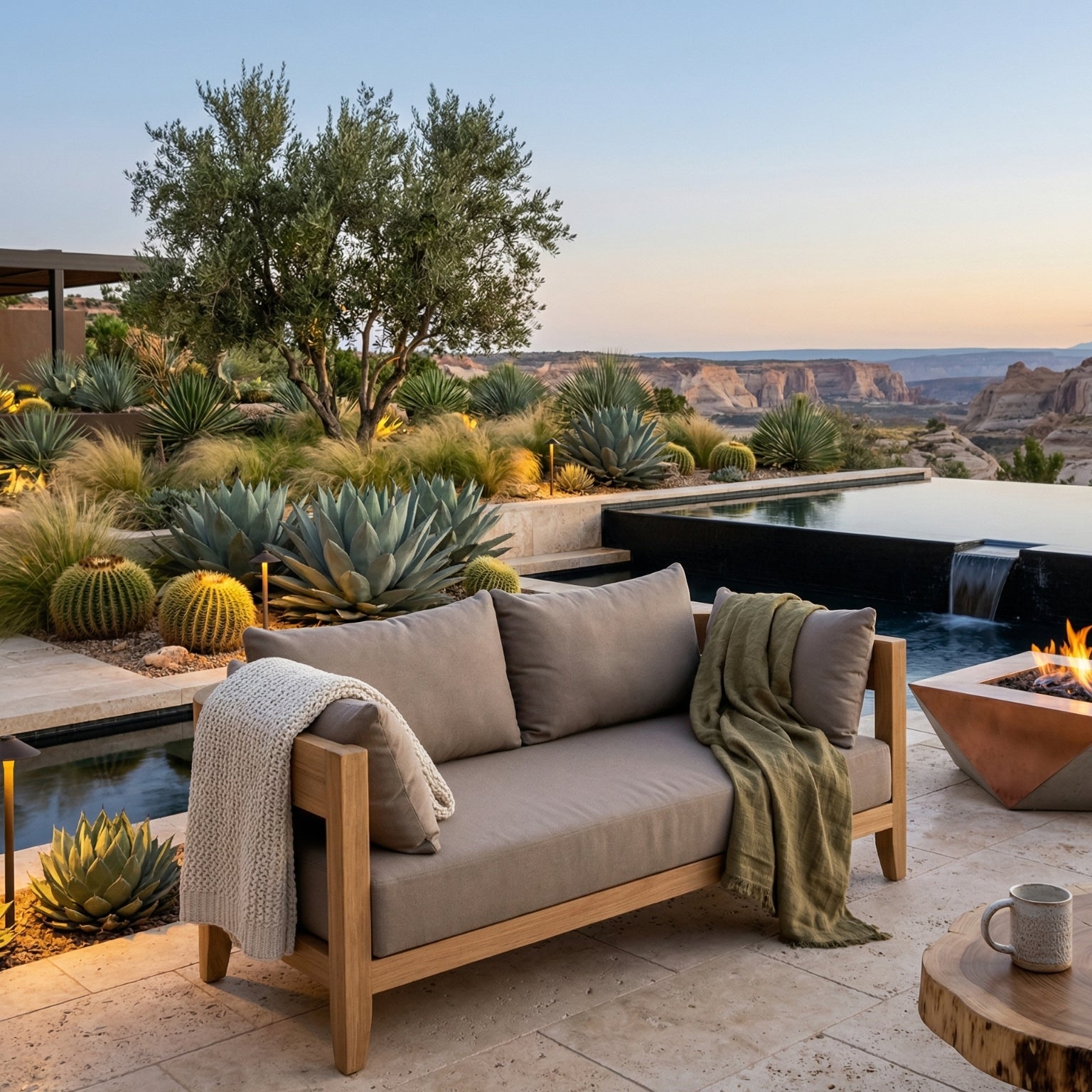 Anderson Teak Coronado Deep Sofa loveseat in cast pomegranate, outdoor teak wood, modular design, suitable for small patios.