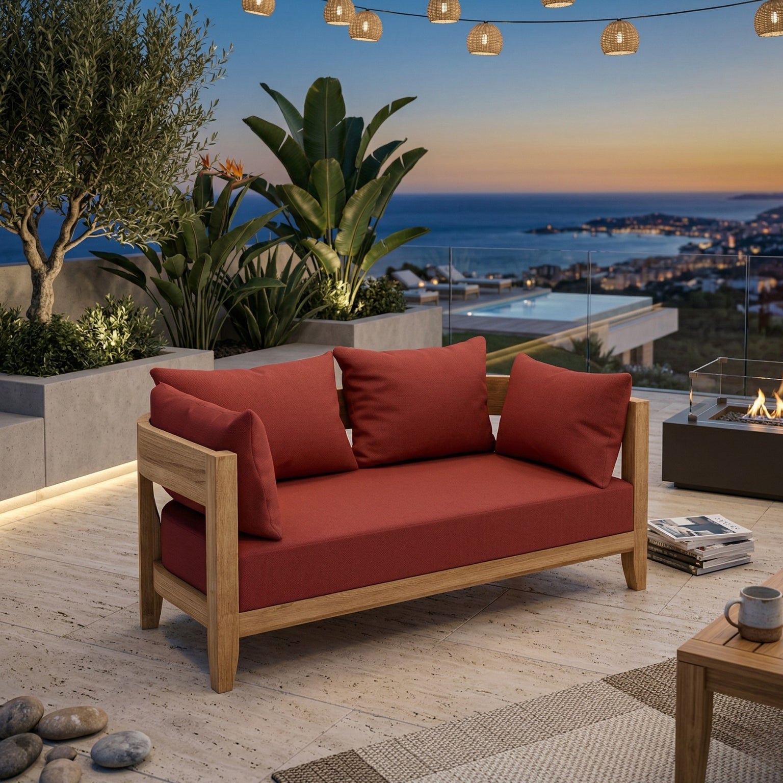 Anderson Teak Coronado Deep Sofa loveseat in cast pomegranate, outdoor teak wood, modular design for small patios, 9 designer colors