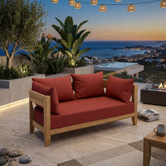 Anderson Teak Coronado Deep Sofa loveseat in cast pomegranate, outdoor teak wood, modular design for small patios, 9 designer colors