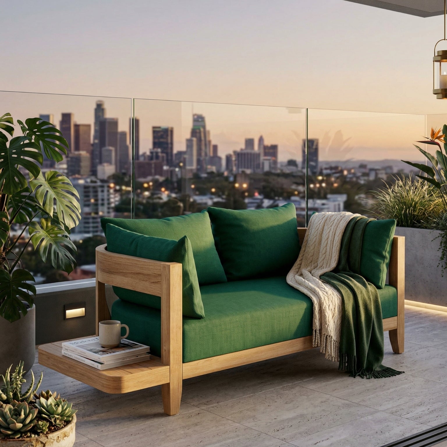 Anderson Teak Coronado Deep Sofa loveseats in cast pomegranate, solid teak wood outdoor patio furniture, modular for small spaces.