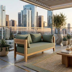 Anderson Teak Coronado Deep Sofa loveseat in cast pomegranate, outdoor teak wood, modular design, with 9 designer colors.