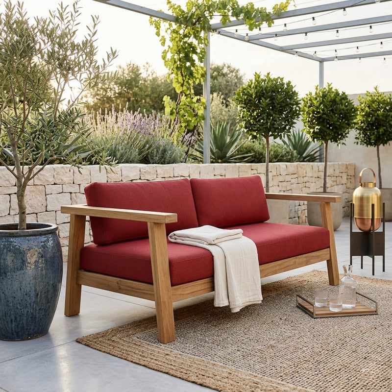 Anderson Teak Palermo deep seating loveseat in cast pomegranate, outdoor teak wood, perfect for small elegant patio spaces.