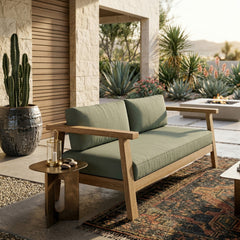 Anderson Teak Palermo deep outdoor patio loveseat in cast pomegranate, made of A-grade teak, with a sleek design for small elegant spaces.