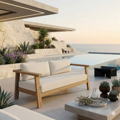 Anderson Teak Palermo deep seating loveseats in cast pomegranate solid teak for outdoor patios, available in 9 designer colors.