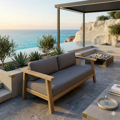 Anderson Teak Palermo deep seating loveseat in cast pomegranate, outdoor teak wood patio furniture for small elegant space.