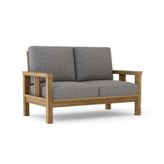 Southbay deep seating teak wood loveseat by Anderson Teak in cast pomegranate, outdoor patio furniture with 9 designer color options.