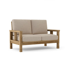 Anderson Teak Southbay Deep Seating Loveseat in cast pomegranate, outdoor teak wood with plush cushions, part of designer color collection.
