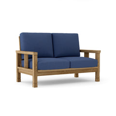 Anderson Teak Southbay deep seating loveseats in cast pomegranate, outdoor teak wood with plush cushions, available in nine designer colors.