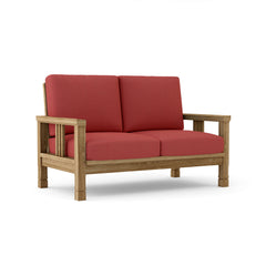Southbay deep seating teak wood loveseat by Anderson Teak in cast pomegranate color, outdoor patio lounge for garden relaxation.