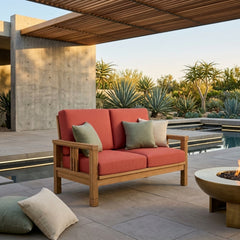 Southbay deep seating teak wood loveseat by Anderson Teak, shown in cast pomegranate color, outdoor patio garden furniture