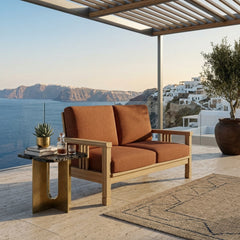 Southbay deep seating teak wood loveseats by Anderson Teak in cast pomegranate, outdoor patio furniture with 9 designer color options.