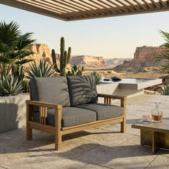Southbay deep seating teak wood loveseat by Anderson Teak in cast pomegranate color, designed for outdoor patio and garden lounging.