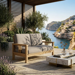 Southbay deep seating teak wood loveseat by Anderson Teak, outdoor patio loveseat in cast pomegranate with nine designer colors.