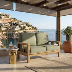 Southbay deep seating teak wood loveseat by Anderson Teak in cast pomegranate, outdoor patio furniture with 9 designer color options.