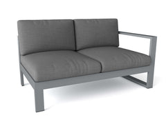 Anderson Teak Lucca left loveseat featuring a wooden frame, plush cushions, and a modern design for outdoor or indoor seating.