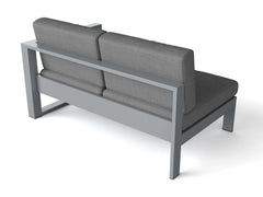 Anderson Teak Lucca left loveseat with teak wood frame and cushions, ideal for outdoor patio seating.