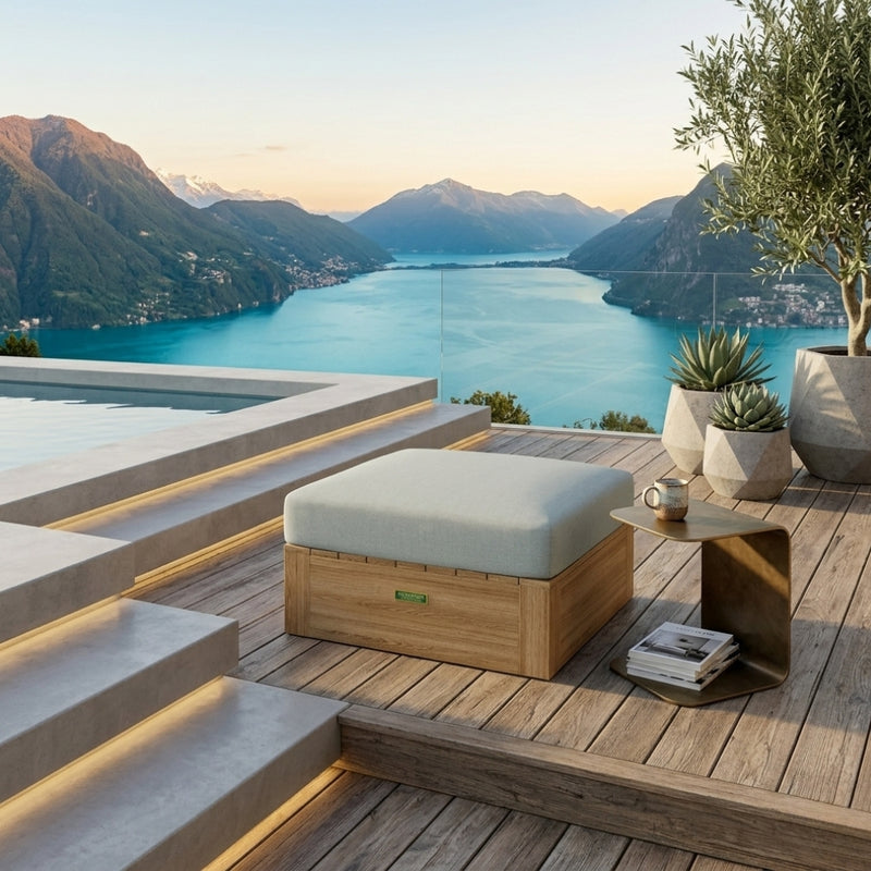 Colorful Copacabana ottoman by Anderson Teak in 9 designer shades, serving as a stylish footstool or additional seating.