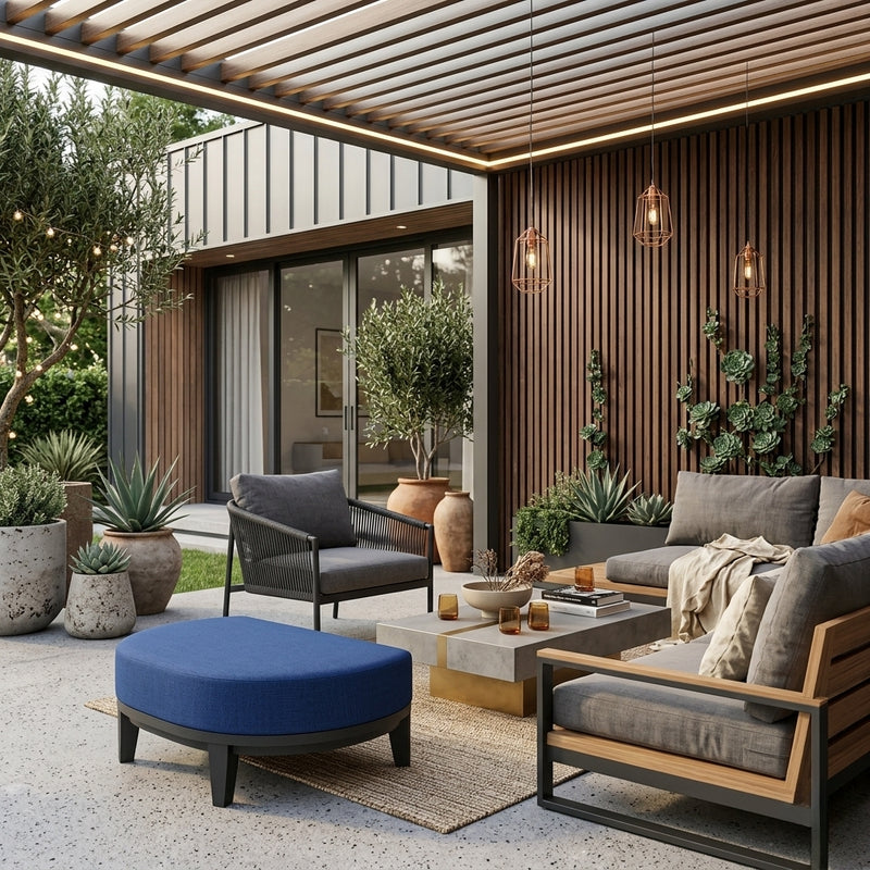 Coronado aluminum ottoman in one of nine designer colors by Anderson Teak, showcasing a sleek, modern footstool design.