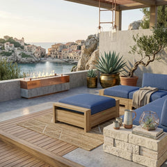 Anderson Teak Madera Ottoman in 9 designer colors, stylish footstool with wooden legs and cushioned top for modern decor.