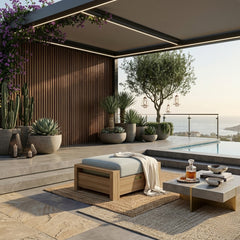 Anderson Teak Madera ottoman in natural wood finish, featuring a sleek design and available in nine stylish designer colors.